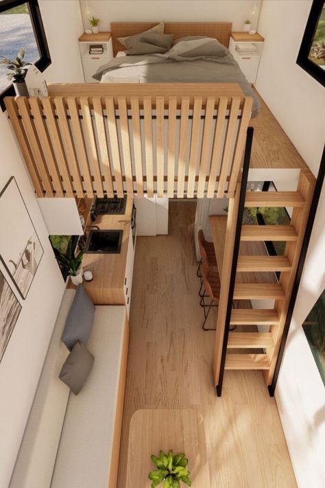 Japan Tiny House Design, Tiny House Bed Loft, Tiny House Features, Interior Design For Tiny House, Japanese Interior Design Small Spaces Tiny Homes, Tiny Loft Bedroom Ideas, Tiny House Portable, Tiny House Mezzanine, Creative Tiny House