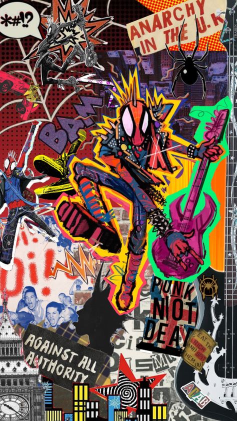 Obsessed with spider-verse rn #hobiebrown #spiderman #spidermanaesthetic #punkrock #spiderpunk #spiderverse #spiderversehobie Hobby Brown Spiderman Wallpaper, Punk Spider Man Wallpaper, Spiderman Hobie Wallpaper, Hobbie Spiderman Wallpaper, Hobie Wallpaper Iphone, Spider Punk Lockscreen, Spider Punk Wallpaper Aesthetic, Spider Man Atsv Wallpaper, Spiderman Across The Spider Verse Spider Punk