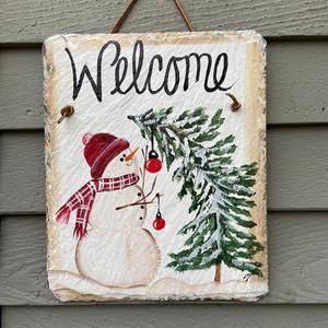 Winter Door Hanger, Painted Snowman, Slate Art, Painted Slate, Snowman Sign, Slate Signs, Winter Door, Winter Signs, Porch Welcome Sign