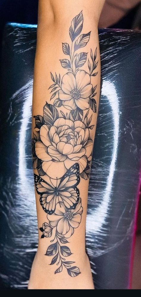 Flower Tattoos For Women Hand, Sleeve Small Tattoos For Women, Full Upper Arm Tattoos For Women, Unique Floral Sleeve Tattoo, Tattoo Ideas Female Bestie, Sleeve Of Flowers Tattoo, Sleeve Tattoos Butterflies, Carnation Tattoo With Butterfly, Moon Flower Butterfly Tattoo