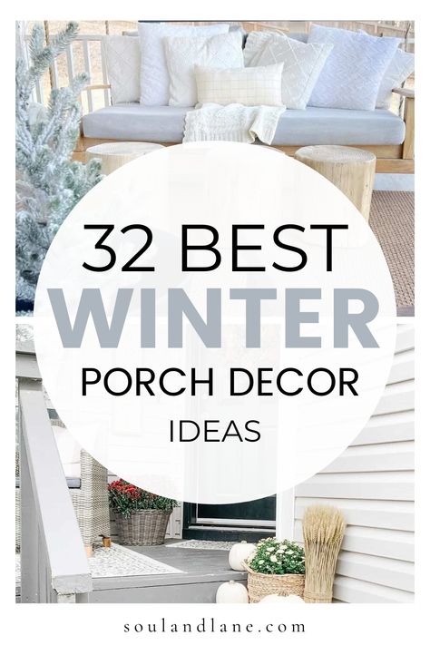 Elevate your front porch with the charm of winter. From festive lighting to cozy textiles, these ideas will turn your outdoor space into a winter wonderland adding a touch of enchantment to your home's exterior. Winter Patio Furniture, Winter Porch Ideas Cold Weather, Exterior Winter Decor, Christmas Screen Porch Decorating Ideas, Winter Front Porch Decor Rustic, Winter Decor Outside, Small Porch Winter Decor, Winter Exterior Decor, Outdoor Winter Pots Decorating Ideas