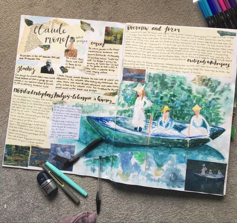 Gcse art research and analysis, claude monet, watercolour copy Watercolour Gcse Sketchbook, Igcse Boards Art, Claude Monet Artist Study, Art Gcse Analysis, Gcse Artist Analysis Page, Claude Monet Sketch, Artist Analysis Sketchbook, Artist Copy Gcse, Gcse Textiles Artist Research Page