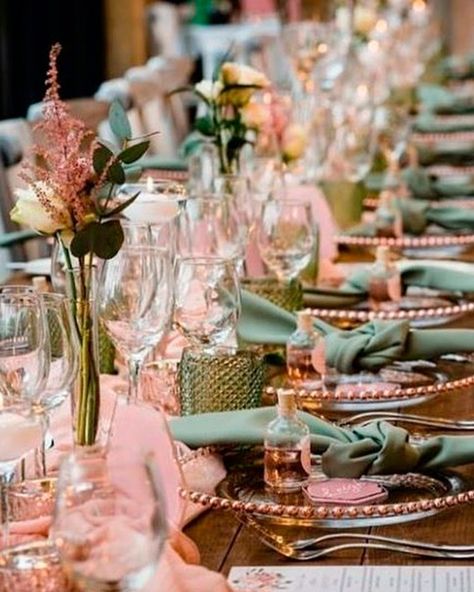 The Most Gorgeous Spring Wedding Colors For Your Celebration ★ spring wedding colors dust pink natural green Pink Green And Gold Table Setting, Copper Pink Green Wedding, Hunter Green Pink And Gold Wedding, Sage Green Pink Gold Wedding, Spring 2024 Wedding Color Trends, Dark Green Wedding Reception Tables, Army Green And Pink Wedding, Rose Gold Sage Green Wedding Color Schemes, Green White Gold Pink Wedding