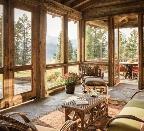 Cabin Sunroom, Rustic Sunroom, Rustic Front Porch, Porch Kits, Rustic Home Interiors, Building A Porch, Sunroom Designs, Rustic Porch, House With Porch