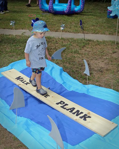 Walk the plank, shark party, 3 years old Four Year Old Shark Party, Walk The Plank Pirate Party, Shark Birthday Party Activities, Ocean Obstacle Course, Shark Dog Birthday Party, Ocean Theme Party Games, Shark 3rd Birthday Party, Shark Party Games, Shark Games For Kids