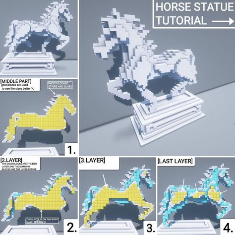 Stitch Minecraft Build, Easy Builds Minecraft, Horse Track Minecraft, Horse Minecraft Build, Minecraft Phoenix Statue, Minecraft Horse Builds, Minecraft Statues Tutorials, Minecraft Horse Cart, Minecraft Magical Castle