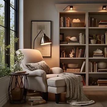 The Cozy Corner: Designing a Reading Nook for Book Lovers Book Corner In Living Room, Book Corner Living Room Cozy Nook, Chair And Bookshelf Corner, White Reading Room, Reading Corner Farmhouse, Reading Nook In Living Room Corner, Office And Book Room, Cosy Book Nook, Office With Reading Nook