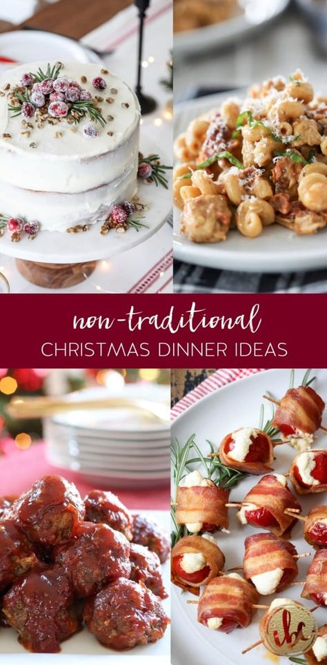 Fancy Christmas Meals, 5 Course Christmas Dinner, Christmas Dinner Non Traditional, Creative Christmas Dinner Ideas, Christmas Meal Themes, Christmas Dinner Essentials, Unique Christmas Meal Ideas, Unique Christmas Food, Christmas Dinner Traditions Fun