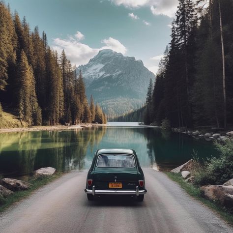 A car parked at the end of the road, seen from behind. In front is a beautiful scene with a large lake, snow capped mountains, and gorgeous deep green trees. Car On Mountain Road, Painting Prompts, Book Journaling, Road Painting, Snow Capped Mountains, Comics Illustration, End Of The Road, Mountain Tattoo, Nature View