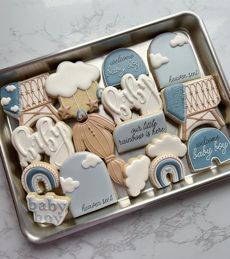 Gender Reveal Cookies, Mother's Day Theme, Cloud Theme, Boy Gender Reveal, Baby Shower Cookies, Heaven Sent, Icing Cookies, Baby Shower Gender Reveal, Royal Icing Cookies