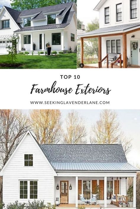 Top 10 White Farmhouse Exteriors - Seeking Lavendar Lane Farmhouse Style Siding, Rock Farmhouse Exterior, Farmhouse Exterior Siding Ideas, Farmhouse Style Homes Exterior, Antique Farmhouse Exterior, White Farmhouse Black Roof, Farmhouse Roof Styles, 1920 Farmhouse Exterior, White Farmhouse White Windows