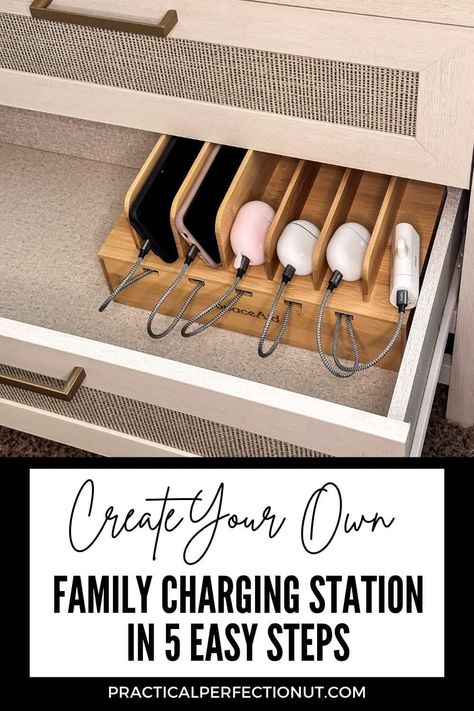 Create Your Own Family Charging Station in Five Easy Steps - Practical Perfection Wall Mounted Charging Station Diy, Family Technology Station, Multiple Device Charging Station, Diy Device Charging Station, Hidden Phone Charging Station, Aesthetic Charging Station, Kids Charging Station Ideas, Home Charging Station Ideas, Hidden Charging Station Ideas