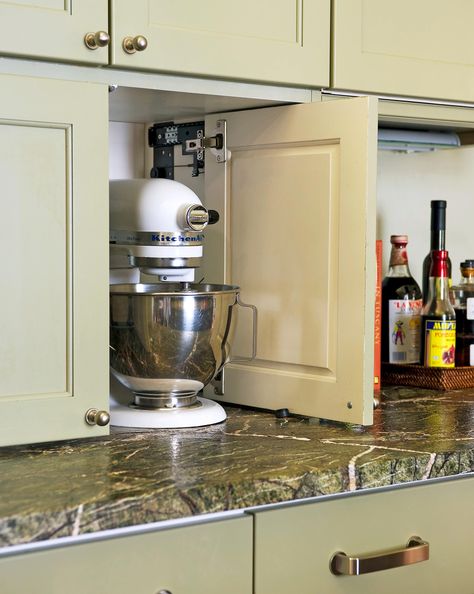 14 Appliance Garage Ideas to Declutter Your Countertops Under Counter Mixer Storage, Cupboard For Appliances, Pantry With Small Appliance Storage, Diy Appliance Garage Countertops, Counter Appliance Storage, Lift Up Appliance Garage Door, Appliance Garage Kitchen Cabinet, How To Build An Appliance Garage, Hiding Countertop Appliances