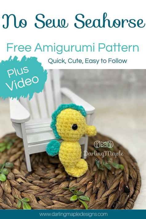 Great for gifts and craft market.  This cute Jelly Bean Seahorse crochet pattern by Darling Maple Designs is sure to impress.  This Cute Crochet Seahorse works up quickly, with easy to follow written instructions, and full step by step video tutorial.  #fishpattern #fishplushie #crochetseahorse Diy Cute Gifts, Amigurumi Seahorse, Craft Market, Toys Crochet, Crochet Animals Free Patterns, Animal Patterns, Jelly Bean, Fish Patterns, Crochet Design