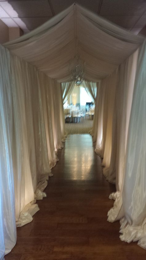 Draped Hallway Wedding, Diy Tunnel Entrance, Party Entryway Decor, Draped Walls, Winter Wonderland Party Theme, Diy Drapes, Baby Shower Decorations Neutral, Draping Wedding, Fabric Draping