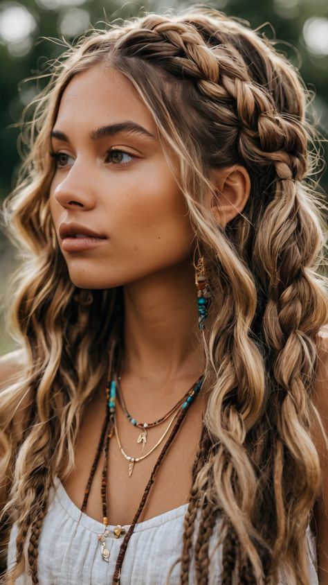 Stunning Jumbo Boho Braids for Long Locks 🌟 Hair With Random Braids, Whimsical Braided Hairstyles, 70s Braids Hairstyles, Easy Boho Hairstyles Long Hair, Long Hair Extensions Styles Hairstyles, Long Hair With Braids Boho, Fairy Princess Hair, How To Boho Braid, Braids That Last Long