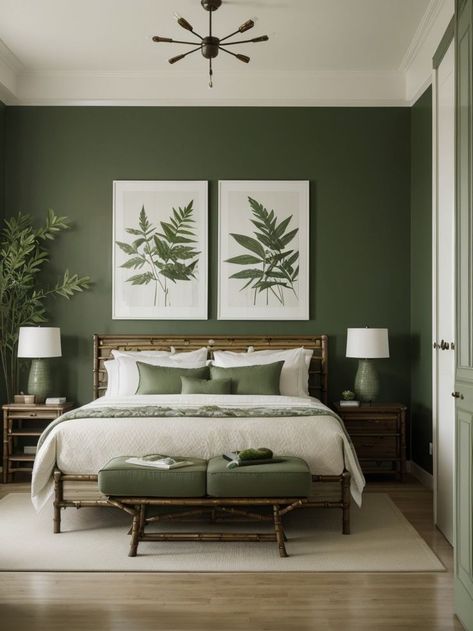 Create a tranquil green oasis by adorning the walls with nature-inspired artwork, such as leaf prints or botanical paintings. Pair it with bamboo furniture and incorporate plants for a fresh and calming atmosphere. Arsitektur Kolonial, Green Bedroom Walls, Natural Bedroom Decor, Green Bedroom Decor, Natural Bedroom, Sage Green Bedroom, Green Oasis, Bamboo Furniture, Hus Inspiration