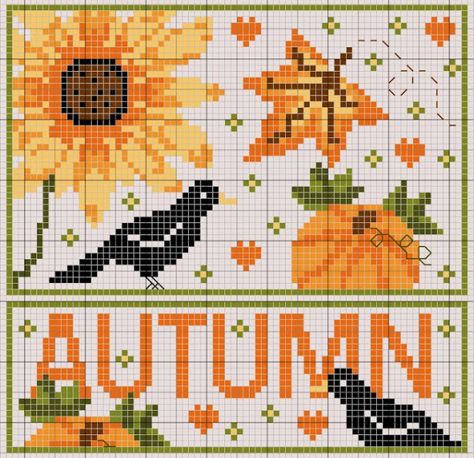 Pixel Grid, Autumn Cross Stitch Patterns, Fall Cross Stitch, Blackbird Designs, Cross Stitch Freebies, Halloween Cross Stitches, Cross Stitch Love, Pola Kristik, Cross Stitch Needles