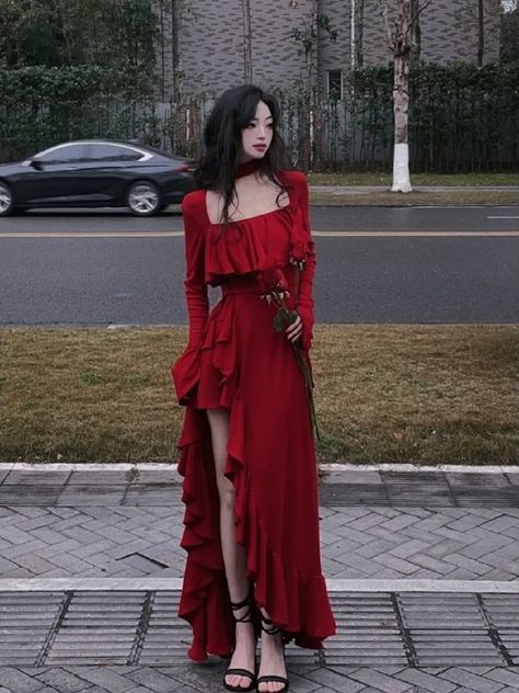 2024 Spring Women Elegant Long Slevee Midi Dress Female Red Square Collar Ruffle Party Dress Club Owner Outfit, Kpop Prom Dresses, Elegant Red Dress Aesthetic, Red Dress Asian, Cute Dress Aesthetic, Korean Prom Dresses, Alternative Prom Dress, Fancy Red Dress, Party Dress Christmas