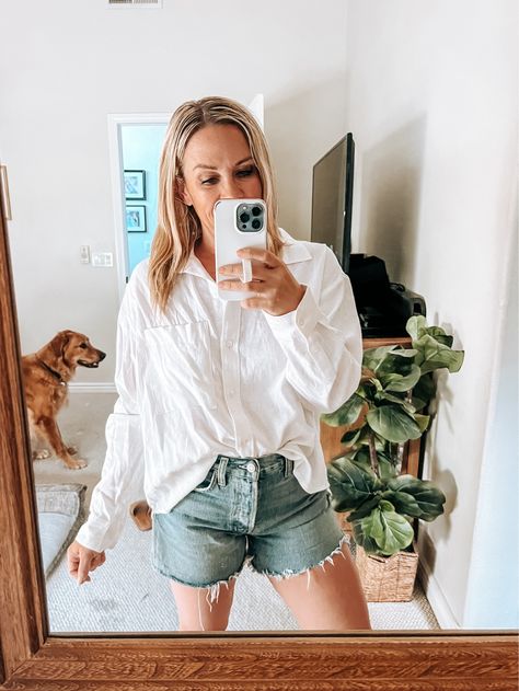 AGOLDE curated on LTK Classic Summer Capsule Wardrobe, Abercrombie Outfits, Organized Lifestyle, Denim Shorts Outfit, Olive Shorts, Practical Fashion, White Linen Shirt, Summer Capsule, Shorts Outfits