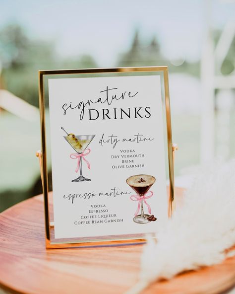 Welcome to the ultimate birthday celebration with our Editable Martini Bar Signature Drinks Sign Template, for your "A Tini Bit Older" themed party. This sophisticated and fun template is perfect for those looking to add a touch of class and whimsy to their special day. Whether it's a milestone birthday or simply another year to celebrate, this invitation sets the tone for an unforgettable evening. Our sign template features a stylish martini glass design with a pink coquette bow that captures t Martini Espresso, Expresso Martini, Cocktail Theme, Martini Party, Drinks Sign, Martini Bar, Drinks Bar, Drink Bar, Signature Drinks Sign