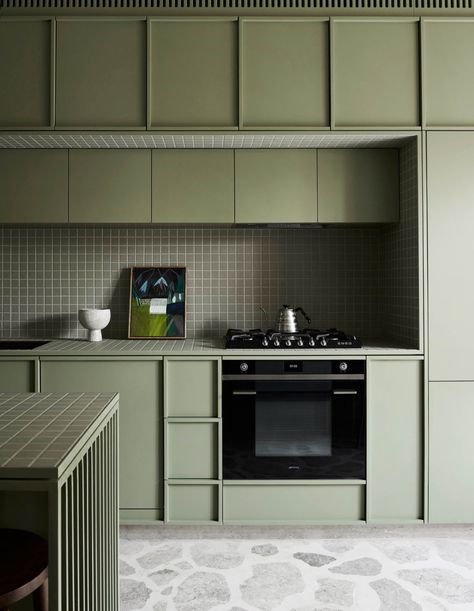 Photographer Eve Wilson’s Perfect Inner-City Family Home Asymmetrical Kitchen, Timber Benchtop, Steel Countertops, Colourful Kitchen, Sage Green Kitchen, Ikea Kitchen Cabinets, Mdf Cabinets, Green Kitchen Cabinets, Van Build