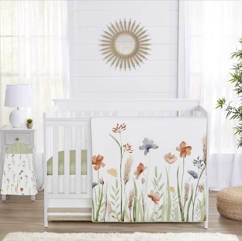 Watercolor Floral Garden Sage Green 4 Piece Crib Bedding Set by Sweet Jojo Designs Vintage Floral Nursery, Sage Green Watercolor, Girl Nursery Crib, Crib Bed Skirt, Garden Sage, Floral Crib Bedding, Crib Comforter, Baby Crib Bedding Sets, Crib Bedding Girl