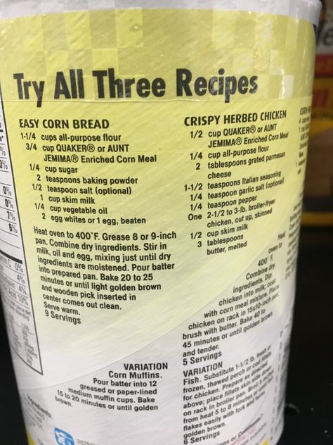 Quaker yellow cornmeal Quaker Yellow Corn Meal Cornbread Recipe, Precooked Cornmeal Recipes, Yellow Cornmeal Cornbread, Quaker Cornbread Recipe, Cornmeal Cornbread Recipe, Cornmeal Cornbread, Cornmeal Recipes, Quaker Oatmeal, Cornmeal Muffins