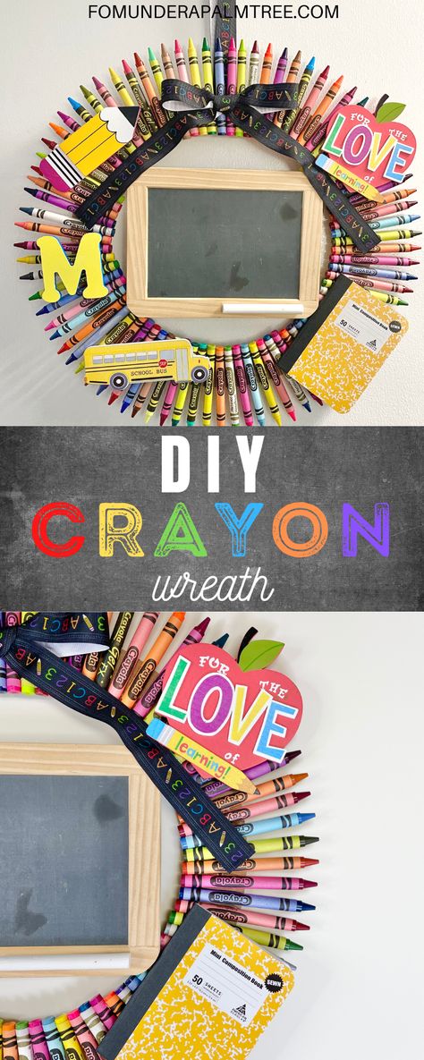 DIY Crayon Wreath < From Under a Palm Tree Diy Crayon Wreath, Crayon Wreaths For Teachers, Teacher Wreaths For Classroom Diy, Diy Teacher Wreath, Back To School Wreath Diy, School Wreaths For Teachers, Crayon Wreath For Teachers Diy, Back To School Wreaths For Teachers, Teacher Wreath Diy Classroom Door