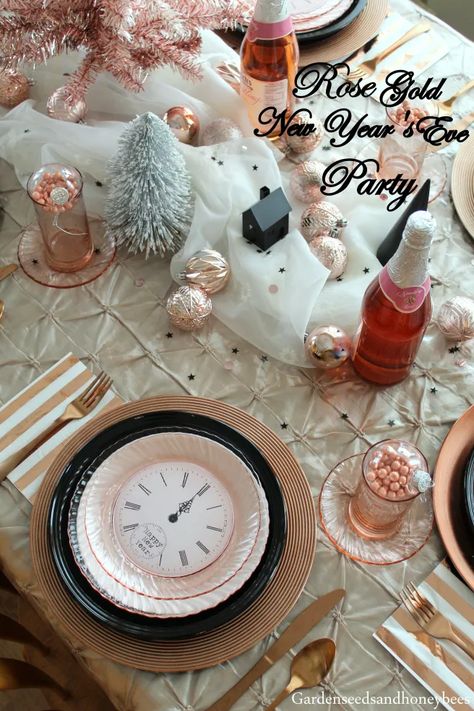 Rose Gold New Year's Eve Party - Garden Seeds and Honey Bees New Year's Eve Decor, Rose Gold Party, Party Garden, New Years Eve Decorations, New Year's Eve Party, Honey Bees, Eve Parties, New Years Eve Party, Garden Seeds