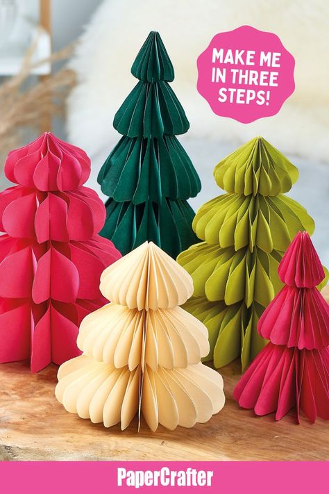 Learn how to make honeycomb Christmas trees on a budget with Corinne Bradd’s incredible project 🎄 Paper Christmas Tree Pattern, Folded Paper Trees, Diy Paper Honeycomb Christmas Tree, Honeycomb Tree Ornament, Honeycomb Paper Christmas Tree, Honeycomb Tree Diy, Paper Accordian Christmas Trees Diy, Honeycomb Christmas Tree Diy, Diy Honeycomb Christmas Tree