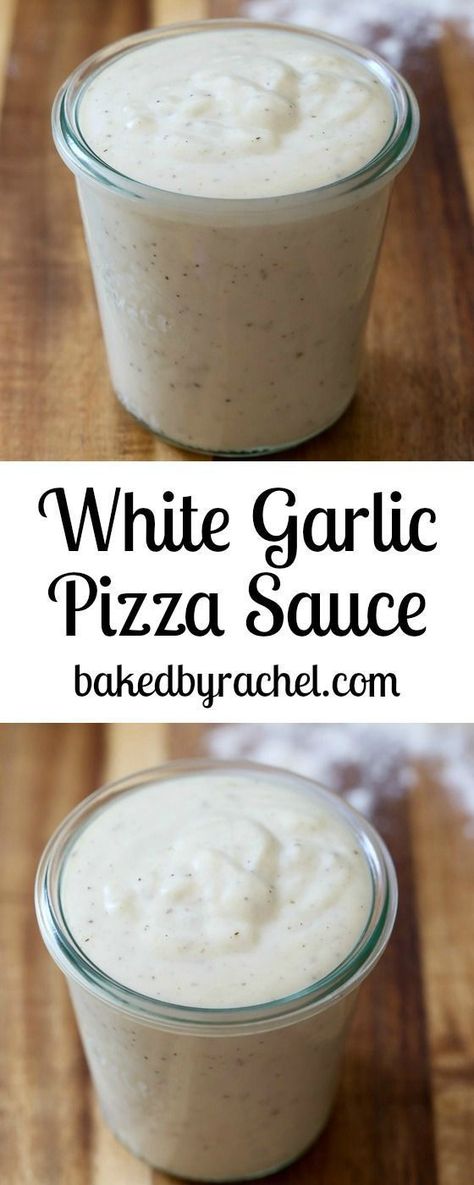 Easy homemade white garlic pizza sauce recipe from @bakedbyrachel Garlic Pizza Sauce Recipe, White Garlic Pizza Sauce, Garlic Pizza Sauce, Pizza Naan, Pizza Vegetariana, Pizza Vegana, Garlic Pizza, Pizza Bianca, Pizza Fatta In Casa