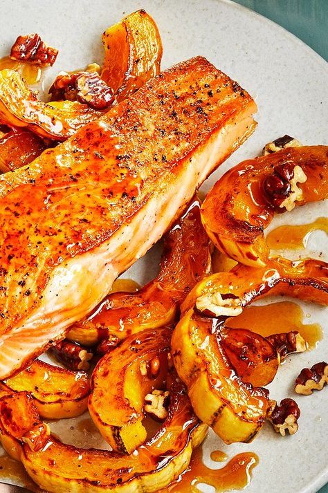 Salmon And Acorn Squash Recipes, Butternut Squash Salmon Recipes, Salmon Delicata Squash, Salmon And Acorn Squash, Salmon And Butternut Squash Recipes, Superfood Meals, Brown Sugar Glazed Salmon, Acorn Squash Recipes, Healthy Protein Snacks