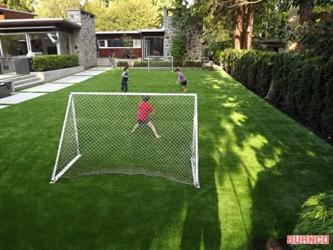 Large Turf Backyard, Grass Area Backyard, Soccer Turf Backyard, Long Narrow Landscape Design, Soccer Backyard, Turf Backyard Ideas, Backyard Soccer, Turf Backyard, Backyard Garden Ideas