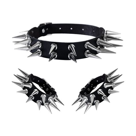 PRICES MAY VARY. High Quality Material: These collection choker bracelet set are made of quality faux leather and alloy, durable material comfortable touch feel, long time use. Punk Choker Bracelet: Choke is 43*2.5cm/16.93*1", adjustable from 30-39cm/11.81"-15.35". Bracelet is 25.8*2.6cm/10.16*1.02". Punk rock biker style with spike rivet decoraction, snap button adjustable, suitable for men women. Wide Application: Great for goth accessories, cosplay parties, night club, band show, halloween pa Visual Kei Accessories, Rockstar Accessories, 90s Punk Fashion, 80s Punk Fashion, Accessories Cosplay, Punk Choker, Scene Jewelry, Halloween Party Accessories, Emo Accessories