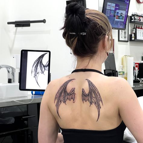 Succubus Wings Back Tattoo, Back Tattoo Women Goth, Skeletal Bat Tattoo, Collarbone And Chest Tattoo, Gothic Lower Back Tattoo, Gothic Wings Back Tattoo, Batwing Tattoos, Goth Wings Tattoo, Gothic Back Tattoos For Women