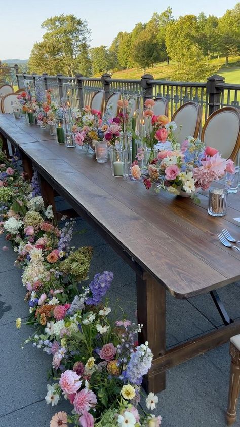 Bridal Luncheon Floral Centerpieces, Table Landscape Ideas, Spring Inspired Wedding Decor, Semi Circle Wedding Ceremony Flowers, Wildflower Bridal Party Theme, Low Wildflower Centerpiece, Flowers For Party Tables, Wedding Themes Flowers, Garden Wedding Table Decorations