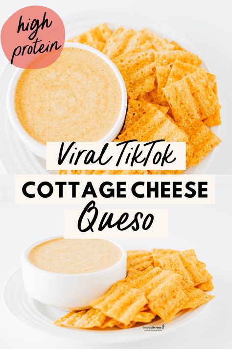 Viral TikTok Cottage Cheese Queso recipe is a high protein, low calorie snack made with just 3 ingredients. This healthy dip can be made in 5 minutes. Serve it with raw vegetables like mini sweet peppers, cucumber, celery, carrot chips or baby carrots, cauliflower, broccoli, and more! It’s also perfect with tortilla chips or protein chips for a more traditional chips and queso vibe. Healthy cottage cheese recipe from @lowcalicious - visit lowcalicious.com for more delicious low calorie recipes. Cottage Cheese Nutter Butter Dip, Low Cal Queso, Low Calorie Chip Dip, Sauces Made With Cottage Cheese, Quick Low Calorie Snacks, Hot Honey Cottage Cheese Chips, Low Calorie Dips For Chips, Low Calorie Grilled Cheese, Quick Late Night Snacks Savory