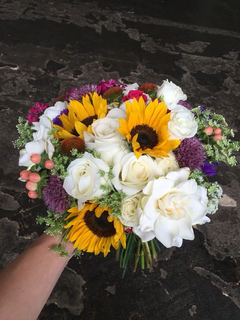 bridal bouquet with sunflowers + gardenias Gardenia And Sunflower Bouquet, Bouquet With Sunflowers, Gardenia Bouquet, Sunflower Bouquet, Beautiful Bouquets, Sunflower Bouquets, Beautiful Bouquet, Bridesmaid Bouquet, Hedges