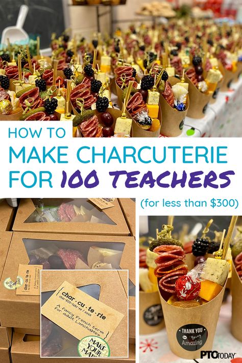 How your PTO can make charcuterie for 100 teachers (for less than $300) Teacher Appreciation Gifts Non Food, Teacher Lunch Themes, Pta Food Ideas, Teacher Appreciation Sandwich Lunch, Pto Teacher Snacks, Staff Party Food Ideas, Teacher Appreciation Snacks Ideas, Snacks For Parent Teacher Conferences, Pto Teacher Meals