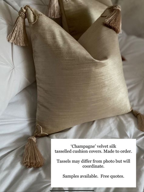 CHAMPAGNE CREAM VELVET SILK + TASSELS CUSHION COVER. CHOCOLATE GOLD SCATTER HOME Cushion Tassels, Fabric Cushion Covers, Bed Throw Pillow, Fancy Cushions, Chocolate Gold, Silk Tassels, Gold Cushions, Bed Throw, Cover Sofa