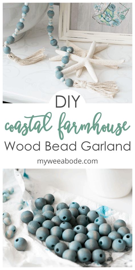 Make this wooden bead garland with tassels for a coastal farmhouse style home! Easy and affordable diy project that brings a little ombre look to your interior. #myweeabode #woodbeadgarland #coastalfarmhouse #ombrestle #ombrecraft Coastal Garland, Diy Garlands, Kerajinan Diy, Diy Girlande, Wood Beads Diy, Coastal Farmhouse Decor, Farmhouse Coastal, Coastal Christmas Decor, Wooden Bead Garland