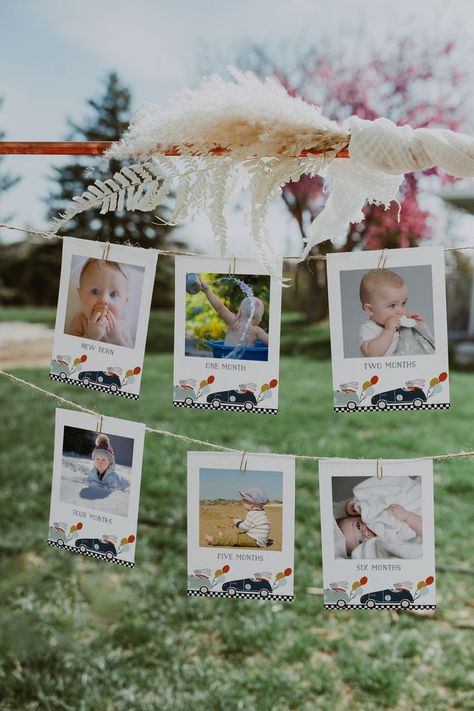 Create a party atmosphere for your child's birthday with this Race Car bunting banner template. Birthday Photo Displays, Berry First Bday, Berry 1st Birthday, Monthly Photo Banner, 1st Birthday Photo, Birthday Photo Banner, First Birthday Photo, Rodeo Birthday, Berry First Birthday