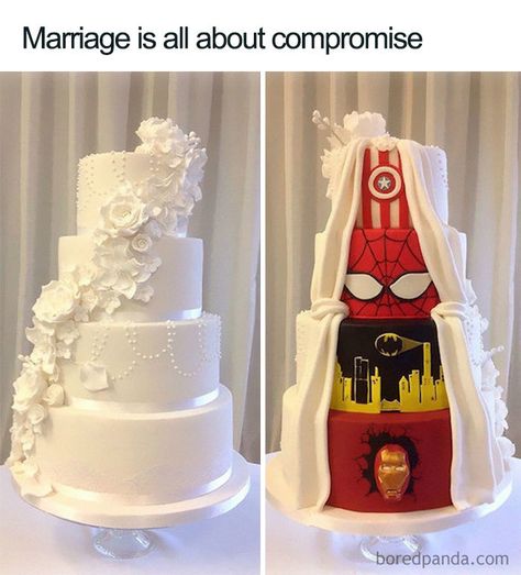 Funny-Wedding-Memes Superhero Wedding Cake, Marvel Wedding, Cakes Decorated, Nerd Wedding, Superhero Wedding, The Wedding Cake, Traditional Wedding Cake, Superhero Cake, Future Wedding Plans