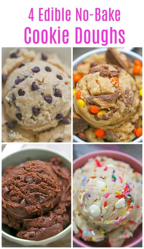 4 Edible Cookie Doughs for the No-Bakers Edible Cookie Dough Without Heat Treated Flour, Edible Chocolate Cookie Dough For One, Things To Bake Without Flour, Flourless Edible Cookie Dough, Edible Cookie Dough No Milk, Quick Edible Cookie Dough, Cookie Dough Donut, Extreme Desserts, Funfetti Edible Cookie Dough