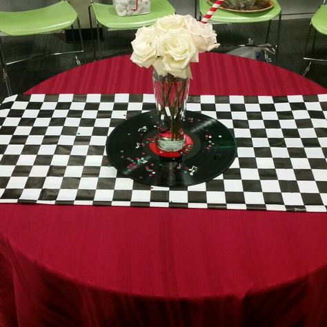 Centerpiece using vinyl record, music confetti, milkshake glass, water, white roses, (white hydrangeas would also work when they're in season) add a red gumball for a cherry or a real cherry. 50s Table Decorations, 50s Centerpiece Ideas, Vinyl Record Centerpiece, 50's Theme Centerpieces, Records Centerpieces, Vinyl Record Centerpiece Ideas, Record Centerpieces Ideas, Confetti Milkshake, Record Centerpieces