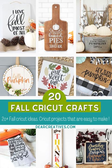 Fall Cricut Crafts - Be inspired by these 20+ Cricut ideas that are easy to make!  Grab a Cricut project to make. These are awesome fall DIY crafts to make with your Cricut. See them all at DearCreatives.com Which one will you make first? Signs For Fall Decor, Cricuit Ideas Diy Projects Fall, Fall Cricket Projects, Diy Cricut Wood Projects, Easy Fall Cricut Projects, Fall Decor Cricut Ideas, Cute Fall Signs Diy, Halloween Cricut Ideas To Sell, Autumn Cricut Projects