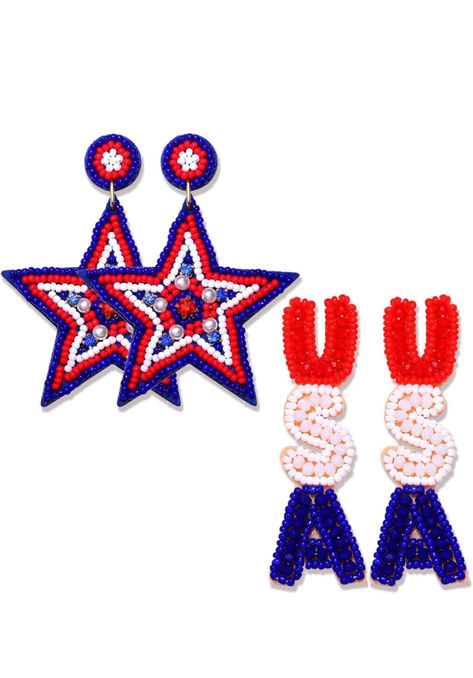 2 Pairs Patriotic Earrings 4th of July Earrings Beaded Letter USA Dangle Earrings 4th Of July Earrings, Patriotic Earrings, Brass Hoop Earrings, Letter Earrings, Presents For Women, Earring Trends, Gold Rings Jewelry, Gold Statement Earrings, Blue Topaz Earrings