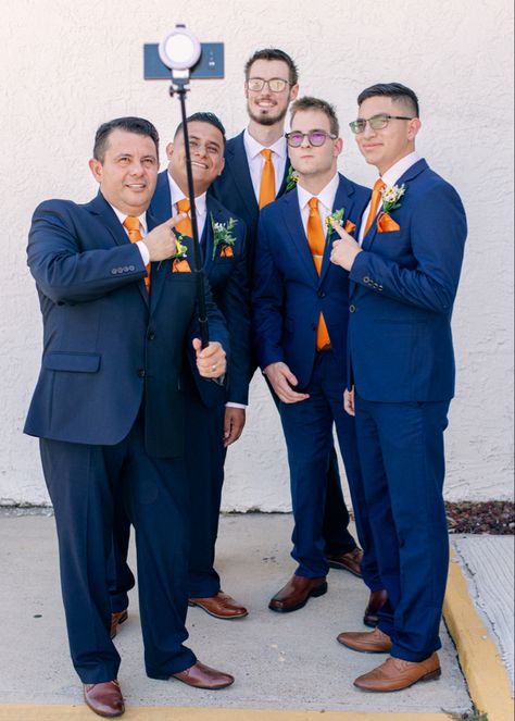 Orange And Blue Suit, Navy Groomsmen Attire, Social Outfits, Groomsmen Attire Navy, Blue Orange Weddings, Navy Tux, Navy Groomsmen, Orange Weddings, Elopement Reception