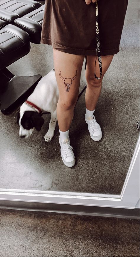 Western Above Knee Tattoo, Body Branding Tattoo, Cow Leg Tattoo, Longhorn Tattoo Above Knee, Cute Southern Tattoos For Women, Top Of Leg Tattoo, Woman’s Western Tattoos, Country Western Sleeve Tattoo, Minimalist Western Tattoo Ideas